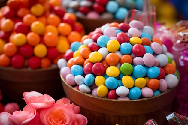 Des roses dans un bouquet avec des bonbons de Pâques colorés