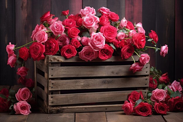 Photo des roses dans une caisse en bois