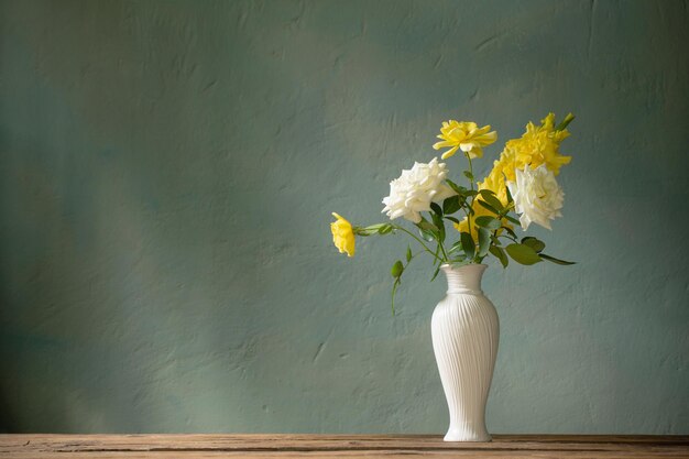 Roses dans un vase blanc sur une table en bois sur fond de mur sombre