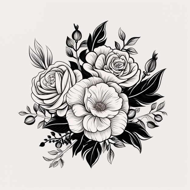 Photo roses à l'encre fleurs dessinées à la main isolées sur fond blanc