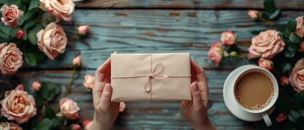 Des roses avec une feuille de papier blanche pour le texte de salut et une boîte à cadeaux, une tasse de café sur des planches de bois vétustes, un fond, un espace de copie, un design plat.