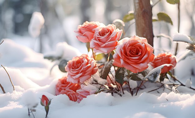 Photo des roses fleurissent dans la neige