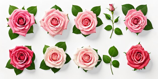 Roses et fleurs sur fond blanc