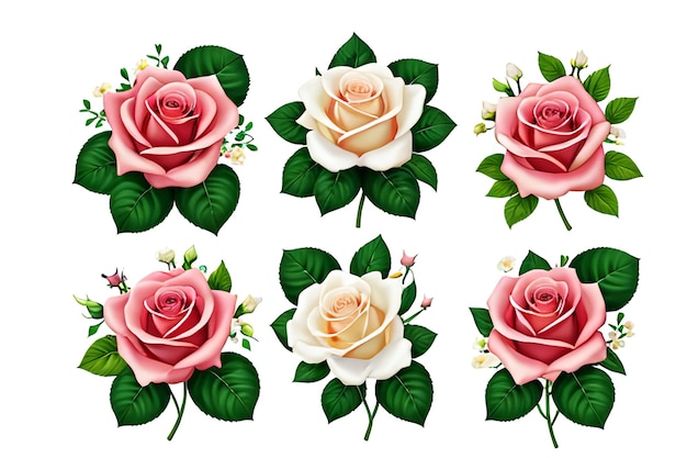 Roses et fleurs sur fond blanc