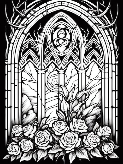 Photo roses gothiques vitrines gothiques page de livre à colorier en noir et blanc