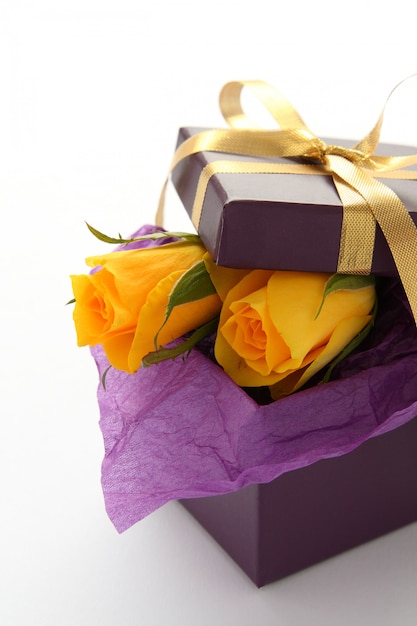 Roses jaunes et coffret violet sur fond blanc