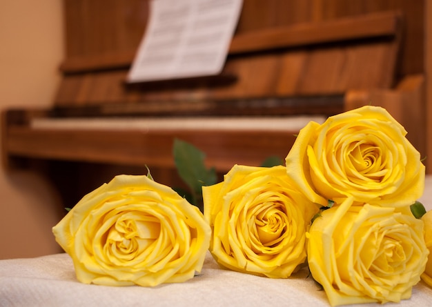 Roses jaunes sur fond de piano avec partitions