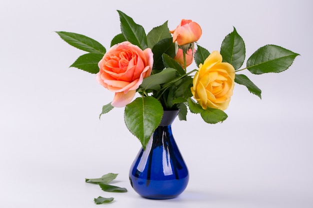 Roses jaunes et pêches fraîches dans un vase bleu isolé sur une surface blanche