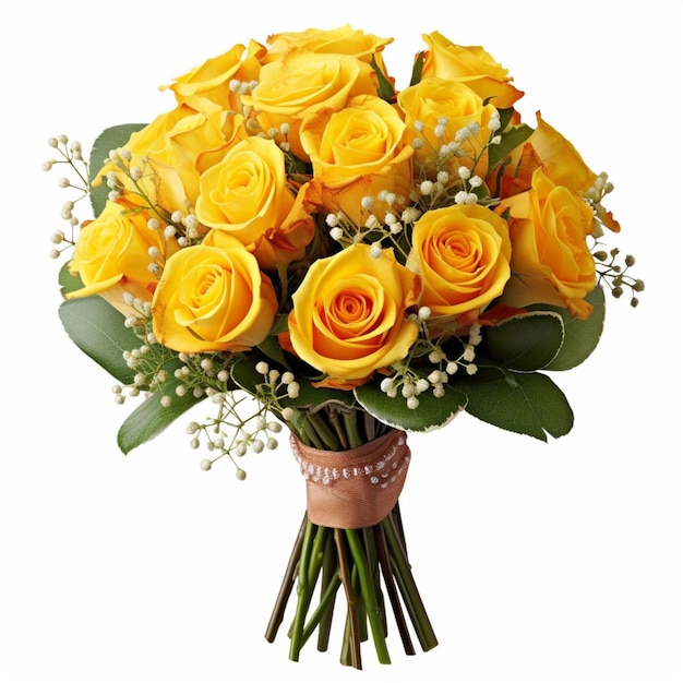 Photo les roses jaunes sont attachées à un ruban brun et sont prêtes à être livrées.