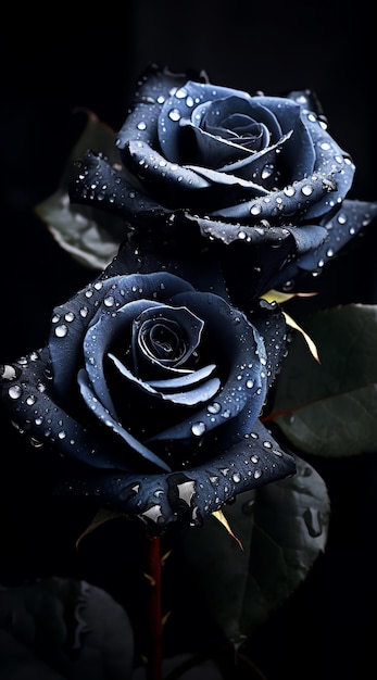 Roses noires mates dans des gouttes d'eau