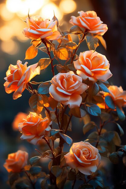roses oranges sur un buisson avec le soleil en arrière-plan