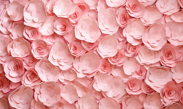 Des roses en papier finement travaillées dans des tons de rose mettent en valeur l'élégance et le charme, insufflant à la scène de la joie et de la célébration. Génératrice d'IA