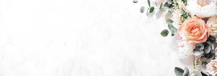 Photo des roses de pêche et des pionnées blanches sur du marbre