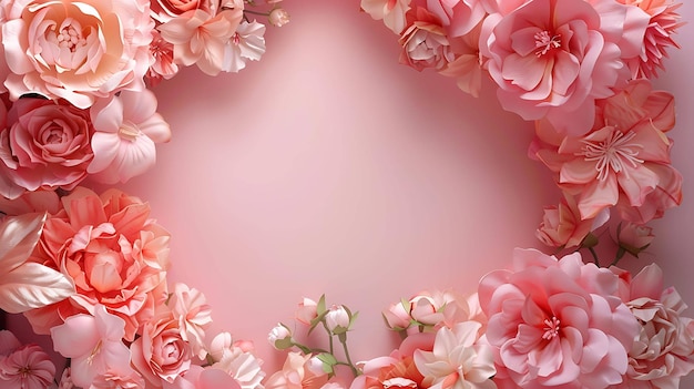 Des roses et des péonies rose clair disposées en cercle sur un fond rose
