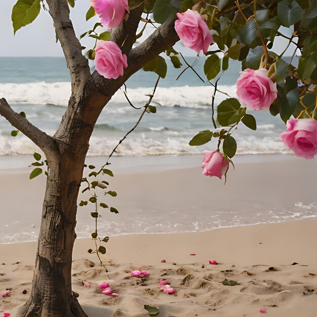 Photo des roses roses sur un arbre sur la plage