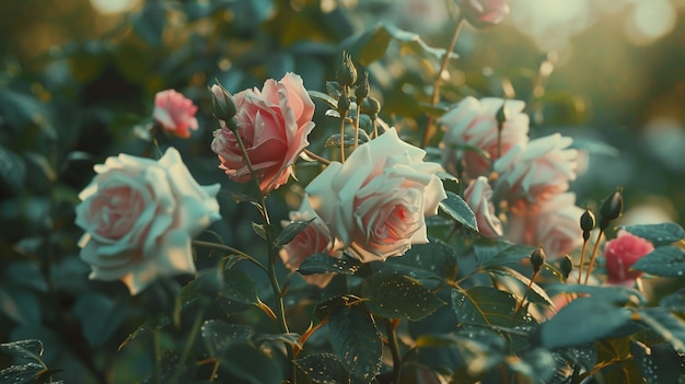 Des roses roses et blanches dans un jardin romantique