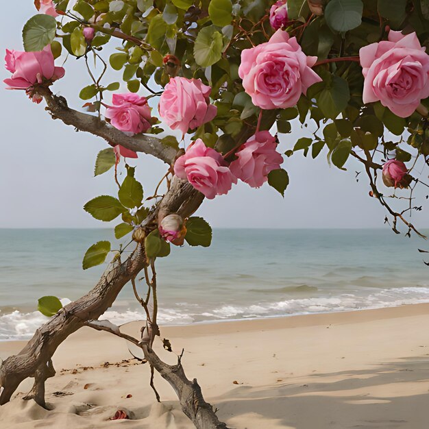 Photo des roses roses sur une branche d'arbre sur la plage