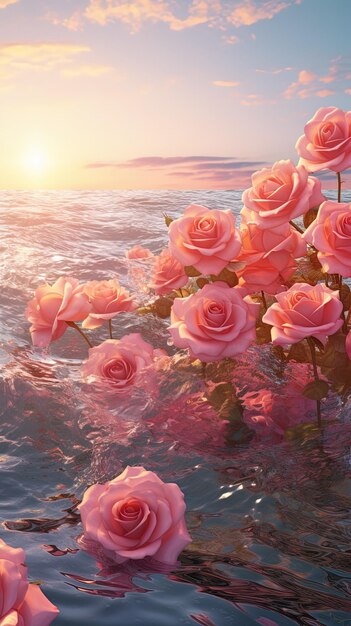 Des roses roses dans l'eau près de la mer