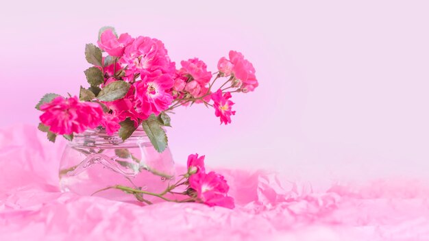 Roses roses dans un vase blanc Fond rose pastel festifCarte florale mise au point sélective tonique copie espaceBanner