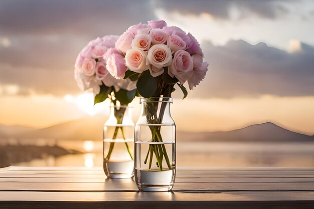 roses roses dans un vase avec de l'eau et du ciel en arrière-plan