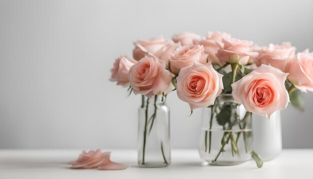 des roses roses dans un vase sur une table blanche