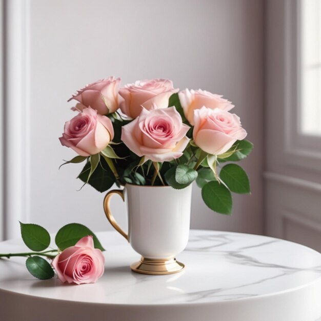 Des roses roses délicates dans une tasse de céramique blanche sur une table