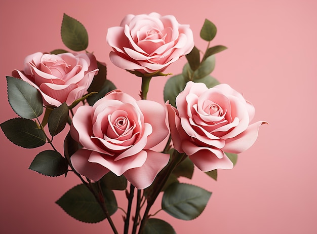 Roses roses avec des feuilles isolées sur un fond rose