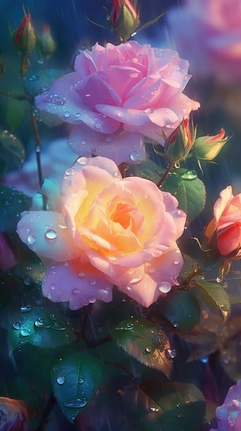 Roses roses en fleurs avec des gouttes d'eau gros plan arrière-plan Fond d'écran d'été Ai généré