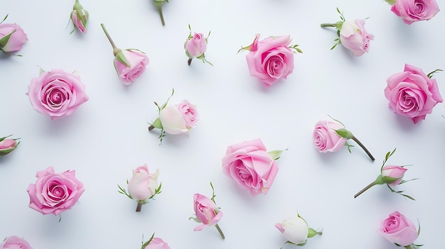 Des roses roses sur fond blanc Vue supérieure à couche plate AI générative