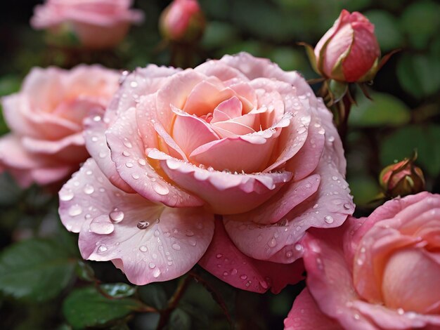 Photo des roses roses avec des gouttes d'eau