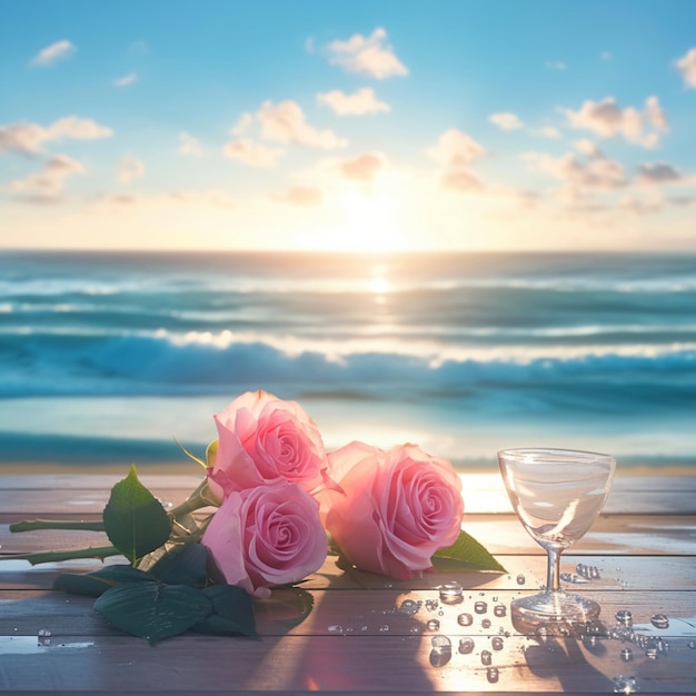 Des roses roses gracieuses table en bois sur le fond d'une plage romantique Pour les médias sociaux