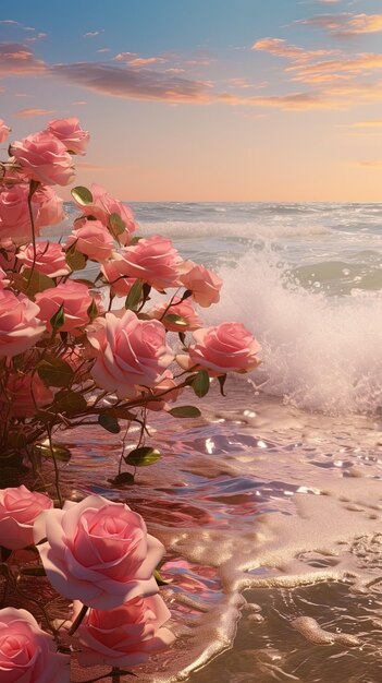 Photo des roses roses sur la plage avec le coucher de soleil en arrière-plan