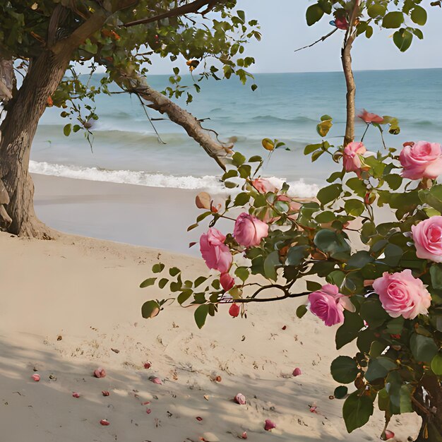 Photo des roses roses sur une plage avec l'océan en arrière-plan