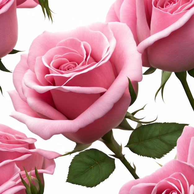 Des roses roses en pleine floraison d'un angle latéral sur un fond blanc