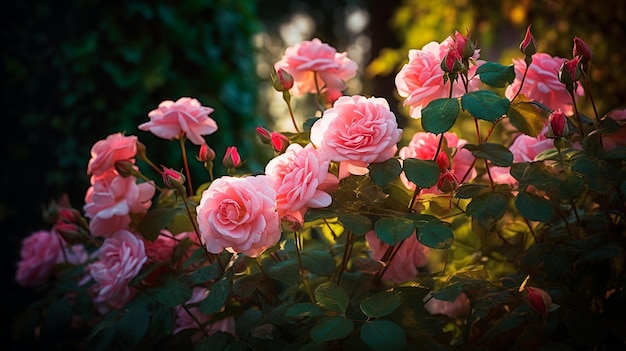 Des roses roses en pleine floraison sur un arbuste de jardin un bourgeon de rose sur un bâton et des roses russes dans un jardin avec du feuillage vert Illustrateur d'IA générative