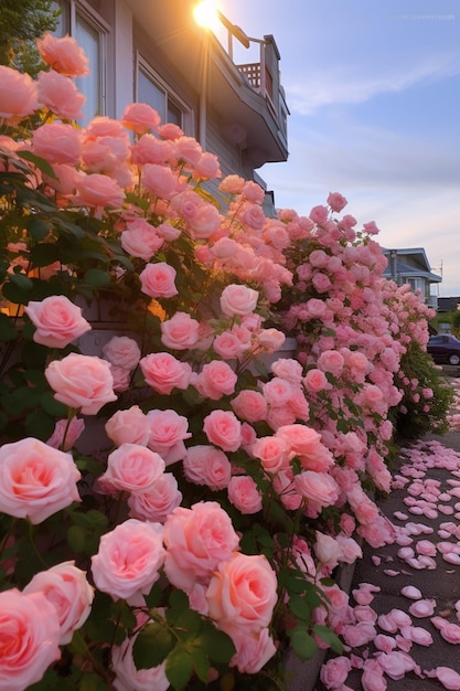 des roses roses poussent le long d'un trottoir devant un bâtiment ai génératif