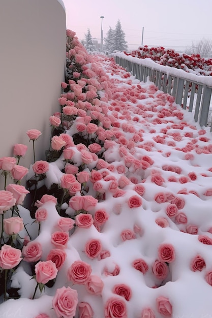 Les roses roses sont couvertes de neige à côté d'une clôture générative ai