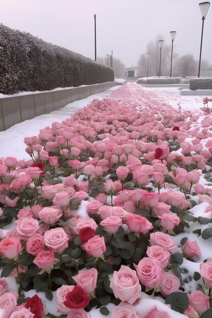 les roses roses sont dans la neige sur un trottoir dans un parc ai génératif