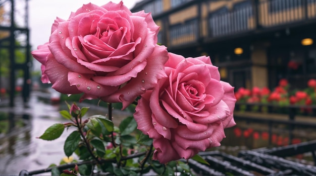 Des roses roses sous la pluie