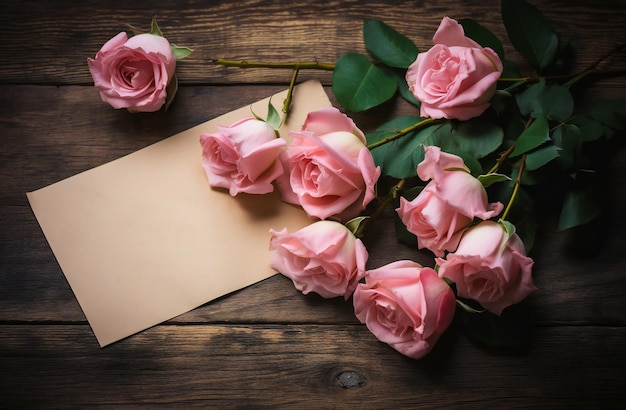 Roses roses sur une table en bois avec une note