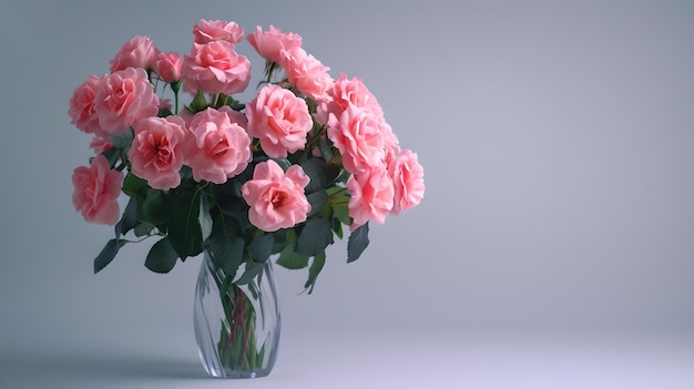 Des roses roses vibrantes dans un vase en verre transparent sur un fond neutre parfaites pour les cartes de vœux et les événements romantiques élégance et simplicité capturées par l'IA