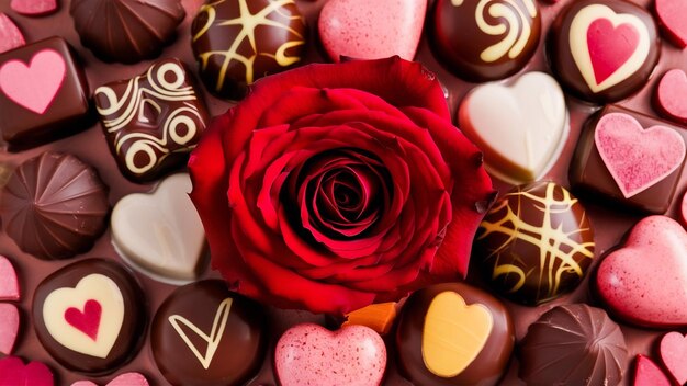 Photo des roses rouges et des bonbons au chocolat