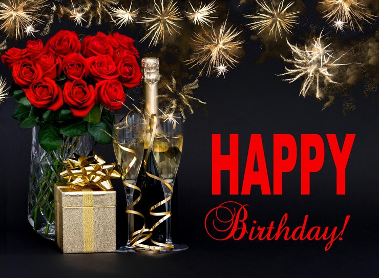 Photo roses rouges bouteille de champagne cadeau doré avec de beaux feux d'artifice