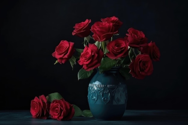 Roses rouges dans un vase bleu sur fond noir créé avec une IA générative