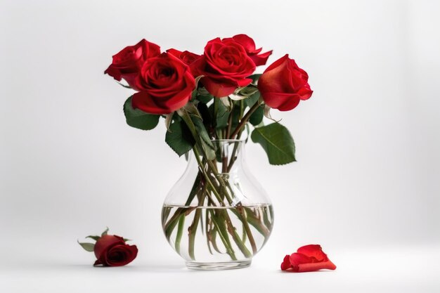 Roses rouges dans un vase clair sur fond blanc créé avec une IA générative