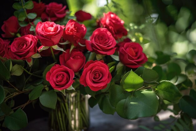 Roses rouges dans un vase entouré de feuillage vert créé avec une IA générative