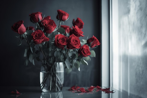 Roses rouges dans un vase sur une fenêtre Generative AI