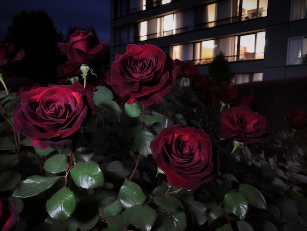 Photo roses rouges devant un immeuble avec une fenêtre éclairée