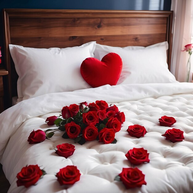 Roses rouges sur drap de lit blanc avec pétales éparpillés fond d'arrangement de lit romantique