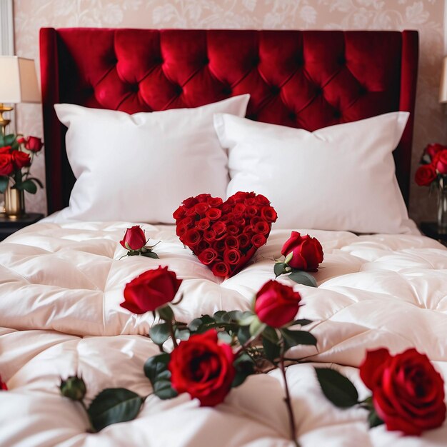 Roses rouges sur drap de lit blanc avec pétales éparpillés fond d'arrangement de lit romantique